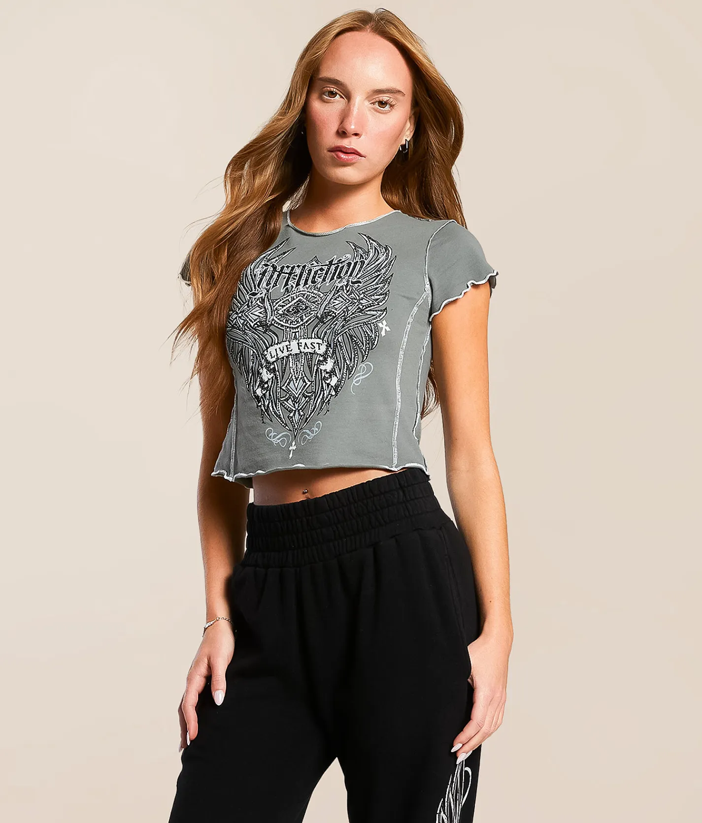 Tops | Affliction Widowmaker Baby Cropped T-Shirt Gravel Grey