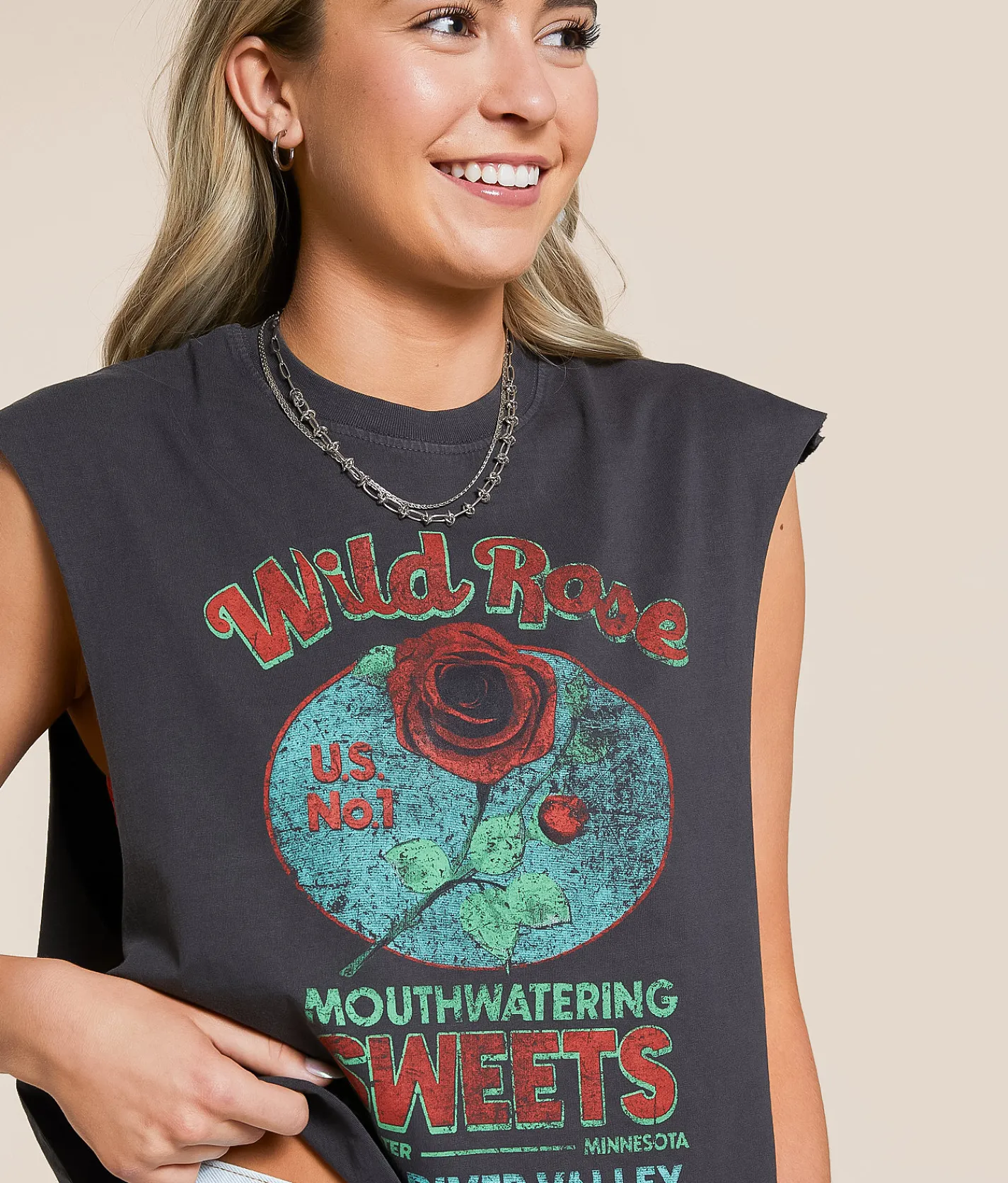 Tops | Modish Rebel Wild Rose Muscle Tank Top Charcoal Grey