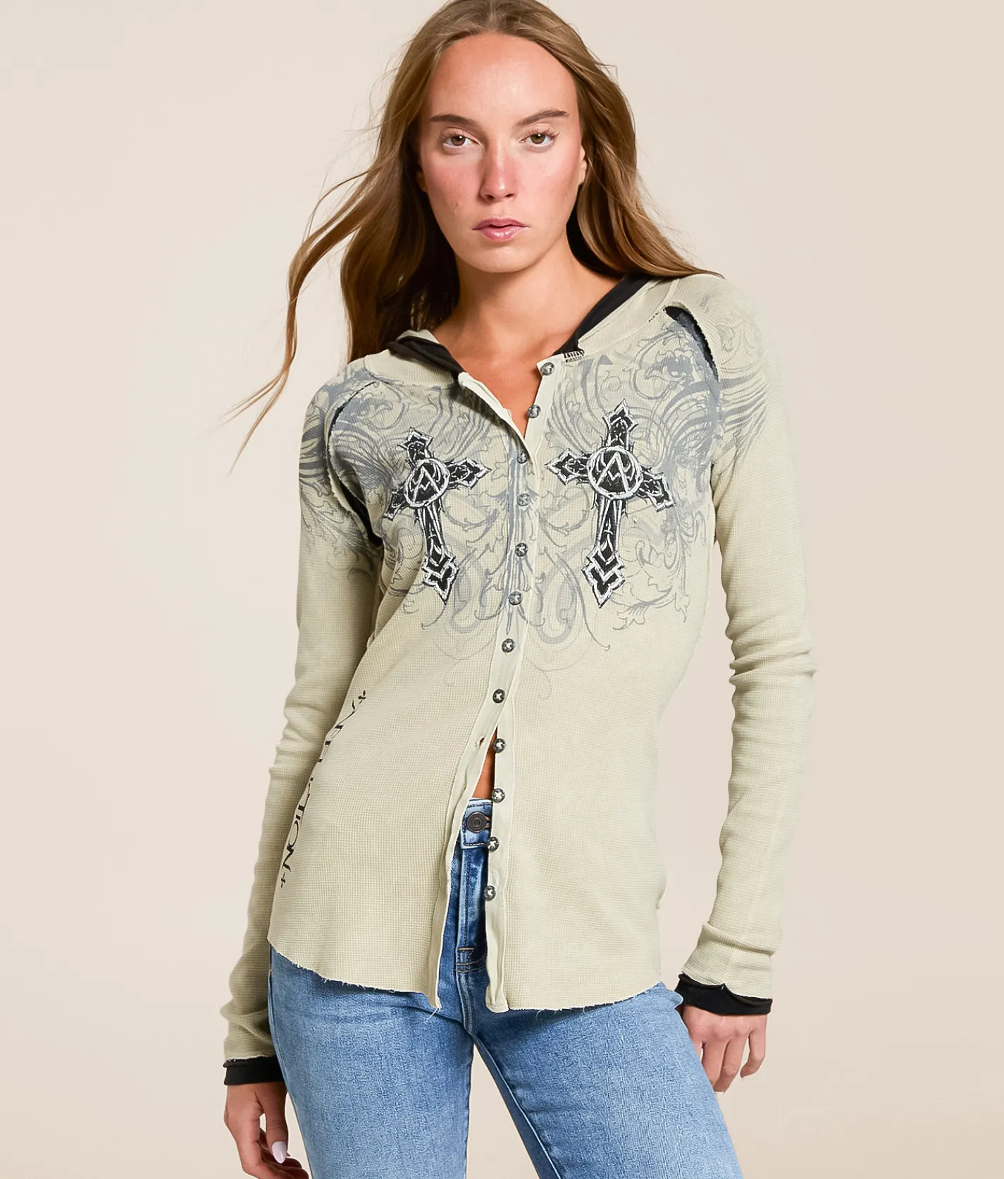 Tops | Affliction Winged Dagger Hooded Thermal Shirt Sand Lava Wash