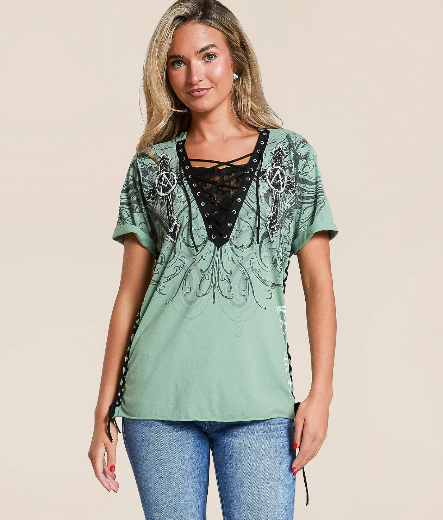 Tops | Affliction Winged Dagger T-Shirt Pale Green Reactive