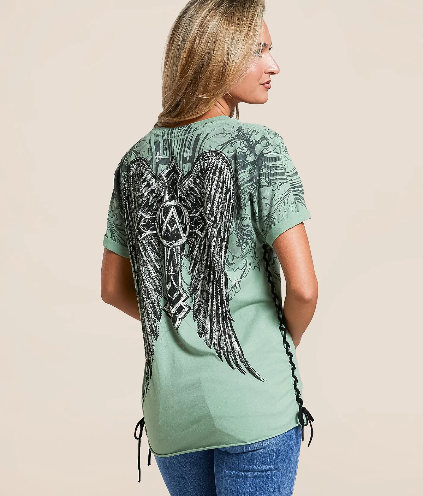Tops | Affliction Winged Dagger T-Shirt Pale Green Reactive