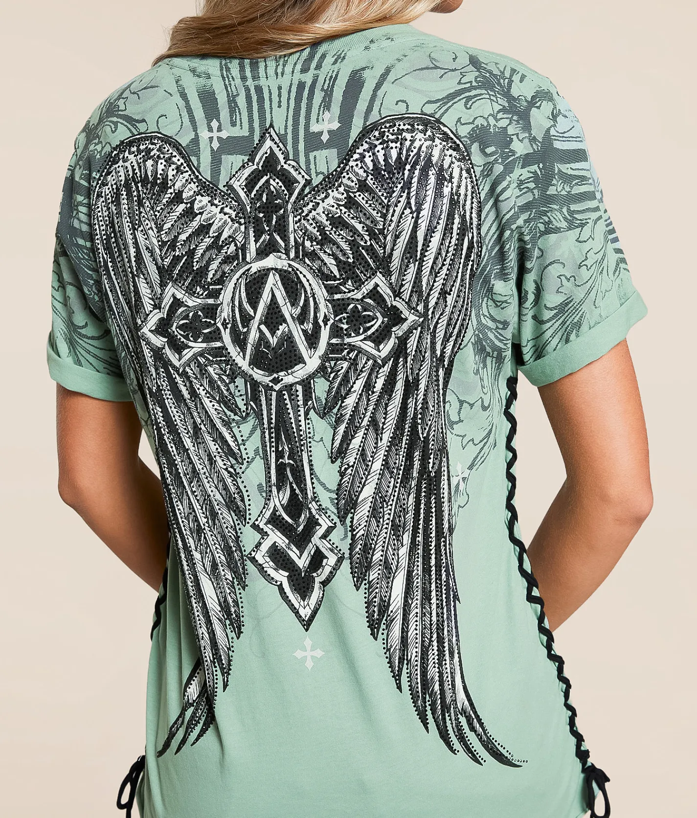 Tops | Affliction Winged Dagger T-Shirt Pale Green Reactive