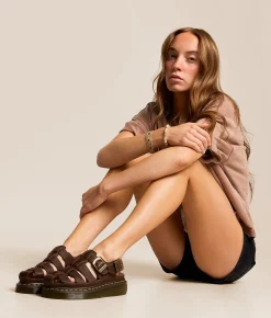 Dr. Martens Wrenlie Grizzly Leather Sandal Dark Brown Outlet