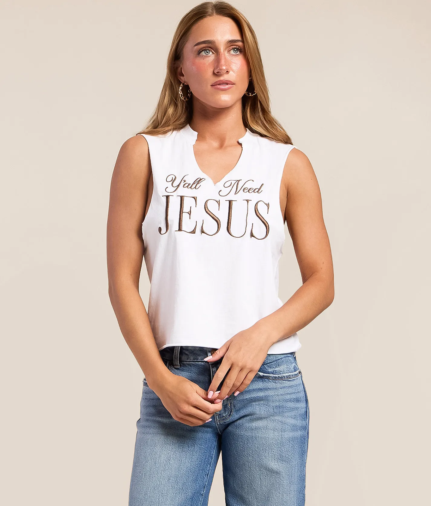 Tops | Goodie Two Sleeves Y'all Need Jesus Tank Top White