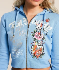 Tops | Ed Hardy Y2K Flower Skulls Cropped Hoodie Powder Blue