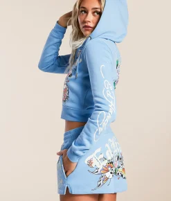 Tops | Ed Hardy Y2K Flower Skulls Cropped Hoodie Powder Blue