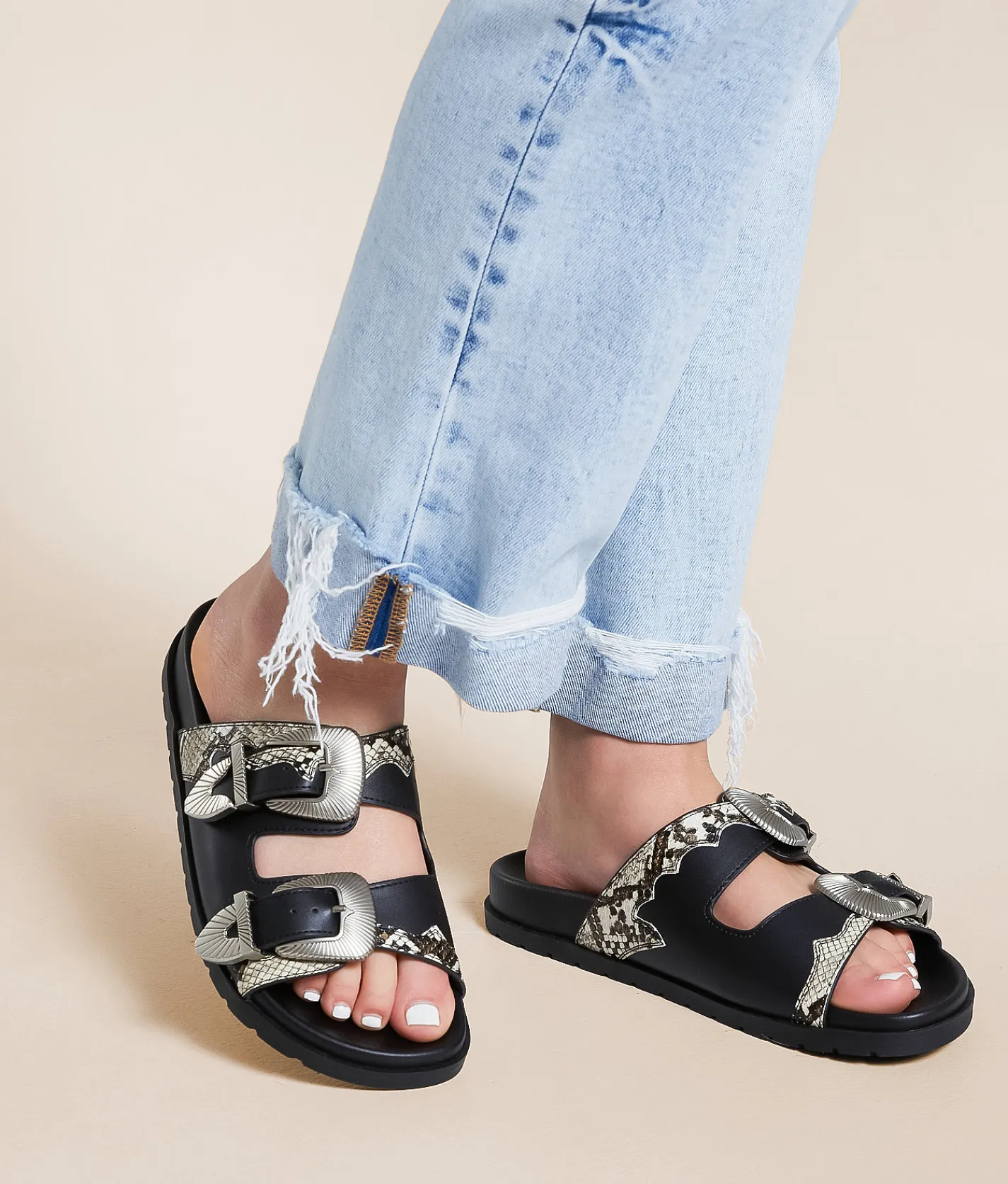 Mia Zefyri Double Strap Sandal Black Beige New